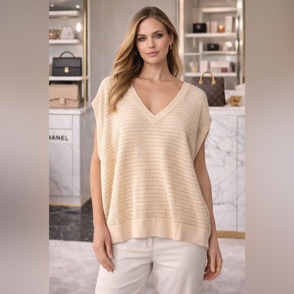 Zadig & Voltaire Ecru Metallic Knit V-Neck Pullover | Oversized Open Knit Top S